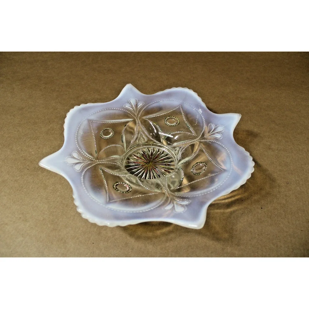 Antique Dugan Glass Opalescent White Wheel & Block Bowl c. 1905